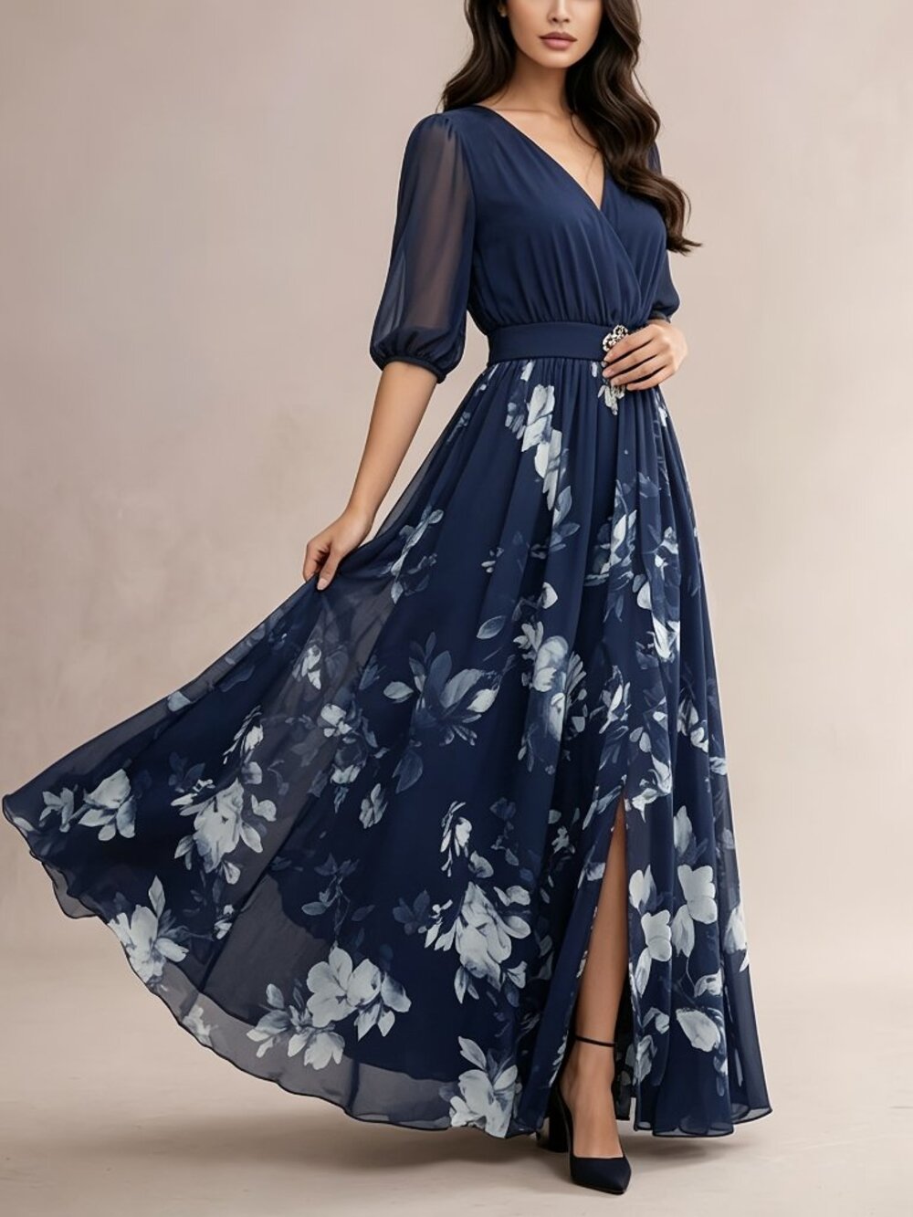 Navy Blue Floral Chiffon V-Neck Maxi Dress Formal Wedding Guest L - Picture 3 of 3